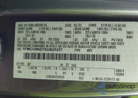 2025 Ford Escape St-Line Select z USA, uszkodzony, nr VIN 1FMCU9NZ7SUB25257